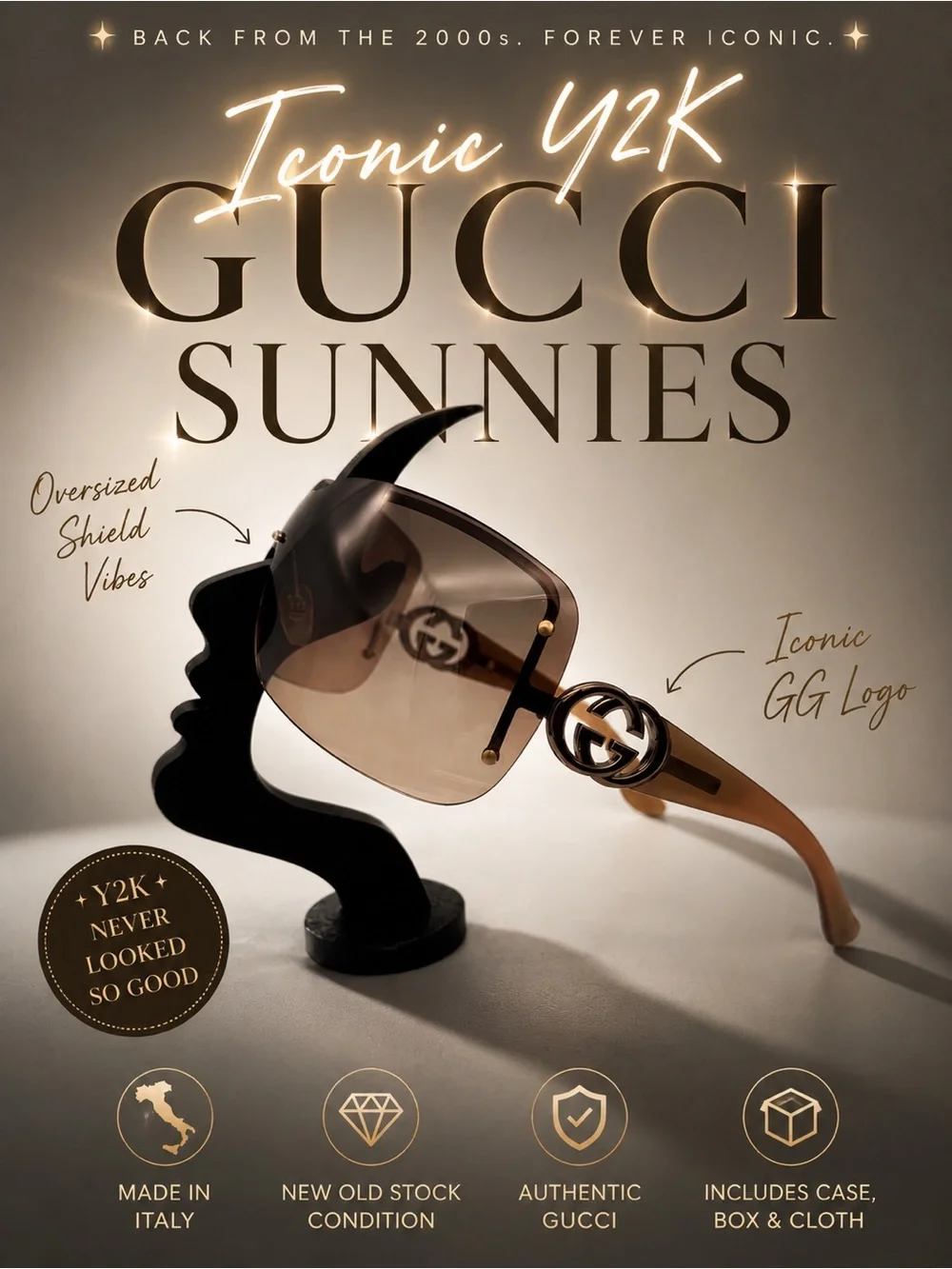 Gucci GG2797/S Shield Sunglasses Brown Gradient Oversized Rimless GG Logo Italy
